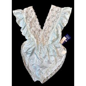 New Vintage 80s Lily Of France Size Large Lace Satin Teddy Baby Blue